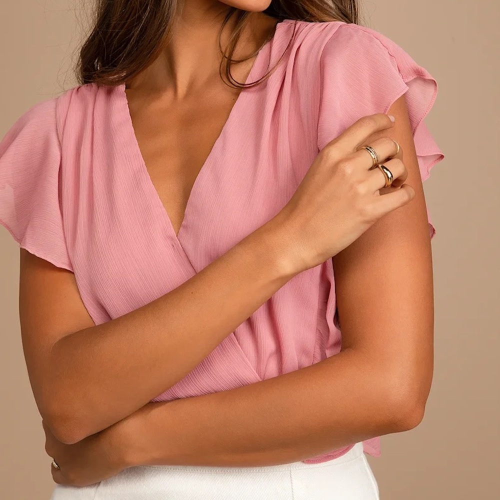 Lulus Pretty And Poised Rose Ruffled Short Sleeve Surplice Bodysuit Pink - Picture 2 of 7